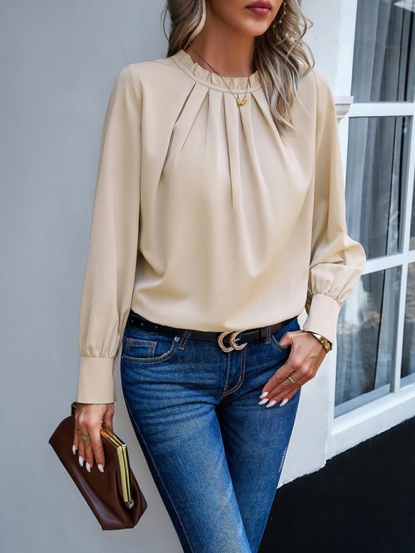 New style women's elegant lace collar long - sleeved solid color top - Top